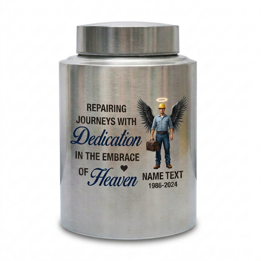Personalized Mechanic Man Design Repairing Journeys Stainless Steel Urn for Father Husband Auto Worker Tribute 2 Sizes Available Memorial Keepsake Urn, Memorial Gift, In Loving Memory - Image 2