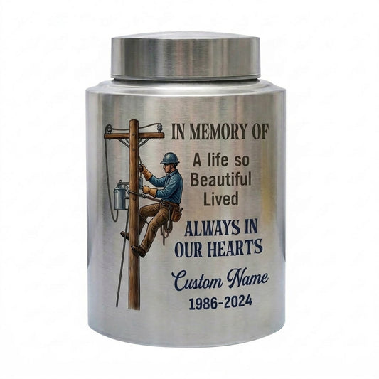 Personalized Lineman Electrician UV Printed Stainless Steel Funeral Urn for Dad Husband Adult Human Ashes Large Custom Decorative Memorial Keepsake Urn, Memorial Gift, In Loving Memory - Image 2