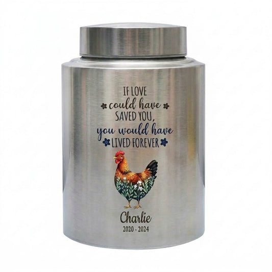 Personalized Chicken Memorial Stainless Steel Urn for Pet Ashes, Rooster Hen Loss Sympathy Gift, Custom Name Date Bird Tribute, Two Sizes, Memorial Keepsake Urn, Memorial Gift, In Loving Memory - Image 2