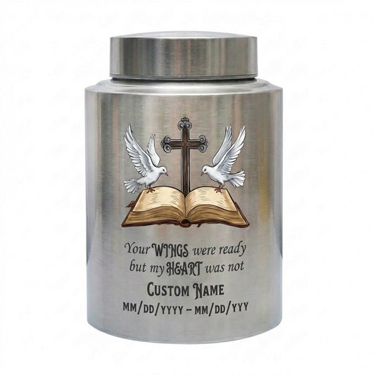 Personalized Christian Doves Jesus Cross Stainless Steel Urn, Your Wings Were Ready But My Heart Was Not for Mom Sister Adult Women Ashes, Memorial Keepsake Urn, Memorial Gift, In Loving Memory - Image 2
