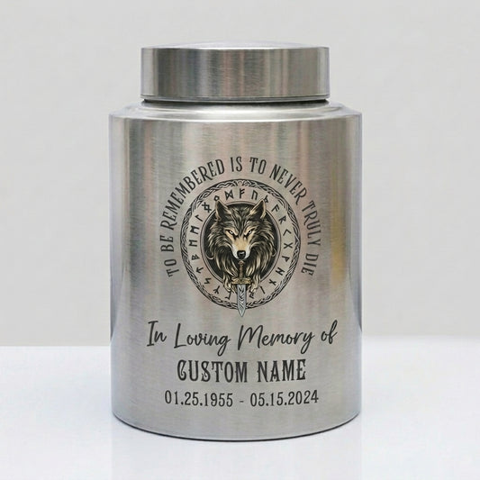 Personalized Valhalla Viking Wolf Medallion Nordic Runes UV Printed Stainless Steel Norse Heritage Tribute Adult Ash Sizes Memorial Keepsake Urn, Memorial Gift, In Loving Memory - Image 2