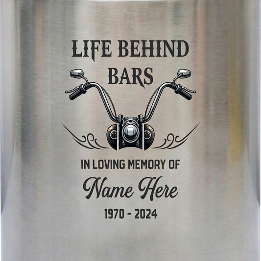 Personalized Motorcycle Life Behind Bars Stainless Steel Cremation Urn For Dad Men Biker Enthusiast Large UV Printed Four Colors Memorial Keepsake Urn, Memorial Gift, In Loving Memory - Image 2
