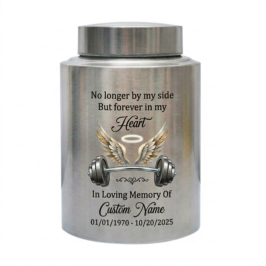 Personalized Gym Lover Barbell Angel Wings Stainless Steel Urn No Longer By My Side For Fitness Enthusiast 4 Colors 2 Sizes Memorial Keepsake Urn, Memorial Gift, In Loving Memory - Image 2