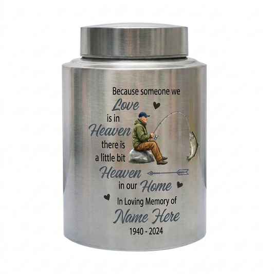 Personalized Bass Fishing Cremation Urns for Human Ashes Loss of Father Husband Fisherman Silhouette Because Someone We Love is in Heaven Quote Memorial Keepsake Urn, Memorial Gift, In Loving Memory - Image 2