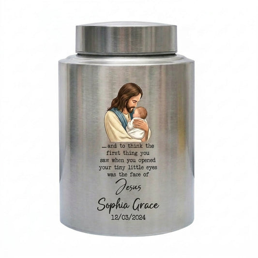 Personalized Baby of Jesus Infant Loss UV Printed Stainless Steel Urn for Child Boy Girl Miscarriage Bereavement Large Two Sizes Memorial Keepsake Urn, Memorial Gift, In Loving Memory - Image 2