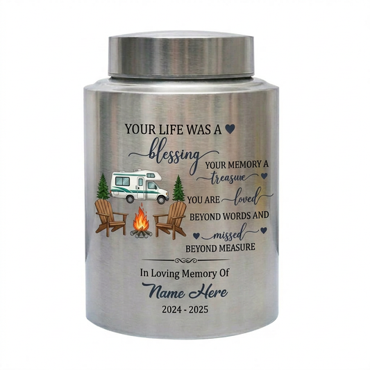 Personalized Forest Camping Outdoor Camper Stainless Steel UV Printed Funeral Urn for Human Ashes Nature Lovers Two Sizes Four Colors Memorial Keepsake Urn, Memorial Gift, In Loving Memory - Image 2