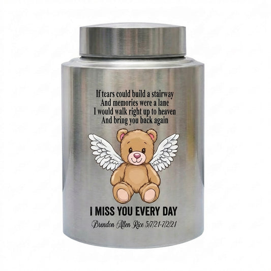 Personalized Teddy Bear Baby Infant Child Stainless Steel Decorative Engraved Urn for Loss of Son Daughter Boy Girl Large and Small Sizes Memorial Keepsake Urn, Memorial Gift, In Loving Memory - Image 2