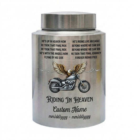 Personalized Motorcycle Riding in Heaven Stainless Steel Urn for Dad Biker Adult Male, Decorative Ash Container Small 5.9x3.9 Large 7.5x5.1, Memorial Keepsake Urn, Memorial Gift, In Loving Memory - Image 2