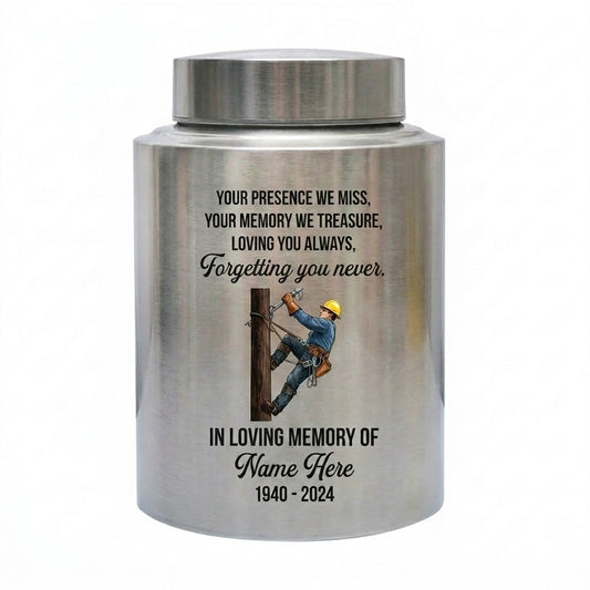 Personalized Lineman Electrician Cremation UV Printed Stainless Steel for Dad Husband Human Ashes Loss Small 5.9x3.9in Large 7.5x5.1in Memorial Keepsake Urn, Memorial Gift, In Loving Memory - Image 2