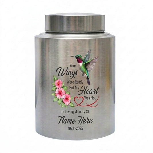 Personalized Hummingbird Stainless Steel Cremation Urn for Human Ashes, Your Wings Were Ready Bereavement Condolence Loss of Loved One Memorial Keepsake Urn, Memorial Gift, In Loving Memory - Image 2