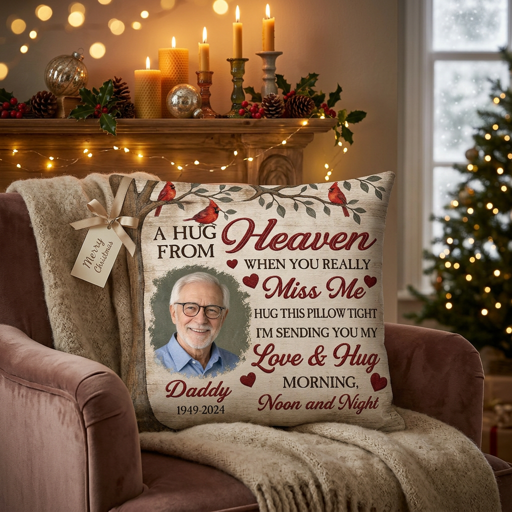 Personalized Memorial Photo Pillow for Loss of Father, A Hug From Heaven Dad Keepsake Gift - Image 6