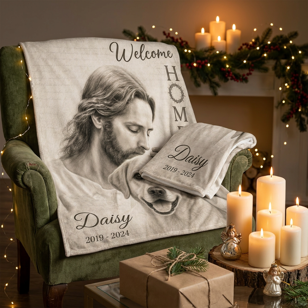 Personalized Pet Memorial Fleece Blanket - Custom Photo Dog Loss Sympathy Gift with Jesus Welcome Home - Image 6