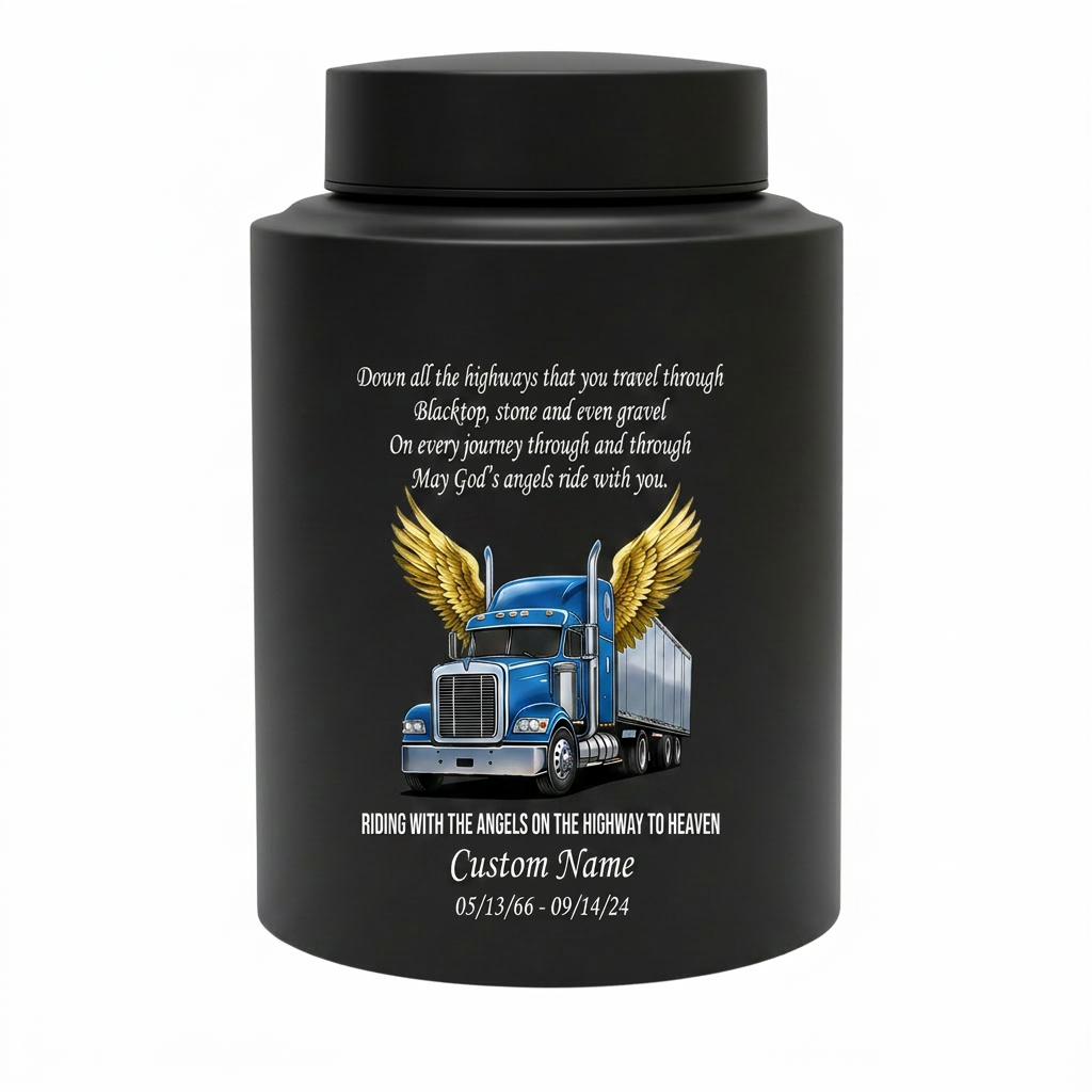 Personalized Semi Truck Angel Wings Large Stainless Steel Cremation Urn for Truck Driver Husband Father Grandfather Highway to Heaven UV Print Memorial Keepsake Urn, Memorial Gift, In Loving Memory - Image 11