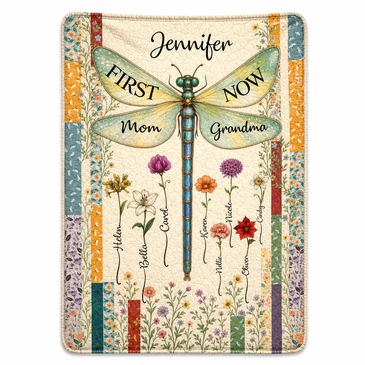 Personalized Dragonfly Birth Flower Fleece Blanket for Mom Grandma, First Now Family Gift - Image 1