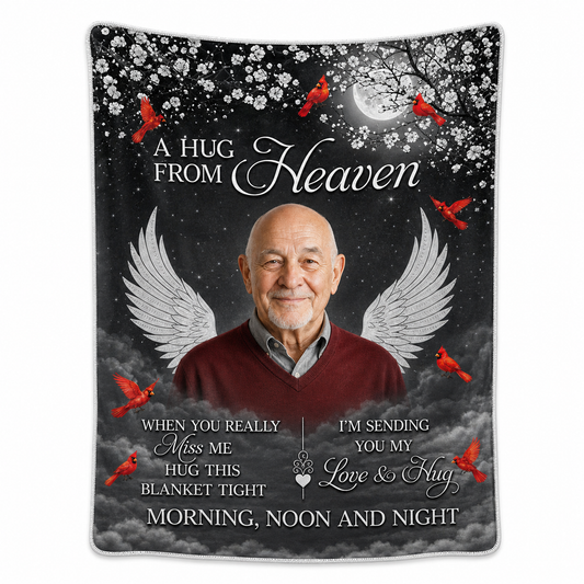 Personalized Memorial Photo Fleece Blanket - A Hug From Heaven Sympathy Gift for Loss of Loved One - Image 1
