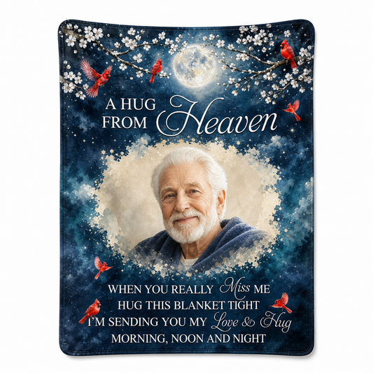 Personalized Photo A Hug From Heaven Memorial Fleece Blanket, Sympathy Gift for Loss of Dad Grandpa - Image 1