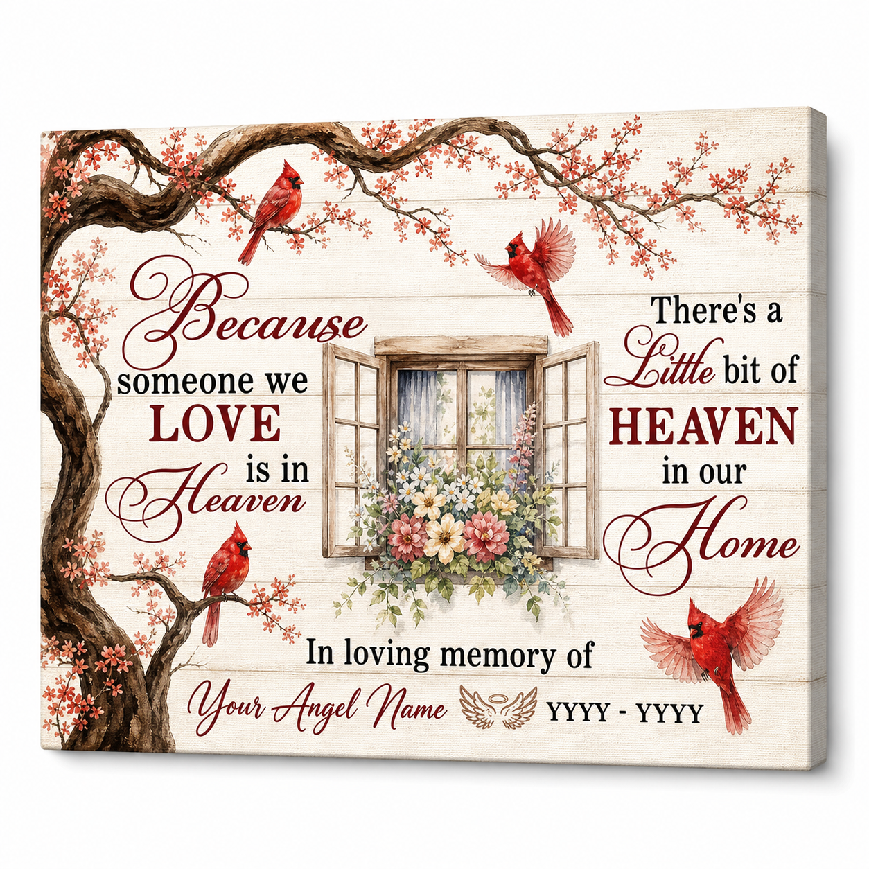 Personalized Cardinal Memorial Wall Canvas Because Someone We Love Is In Heaven Sympathy Gift - Image 1