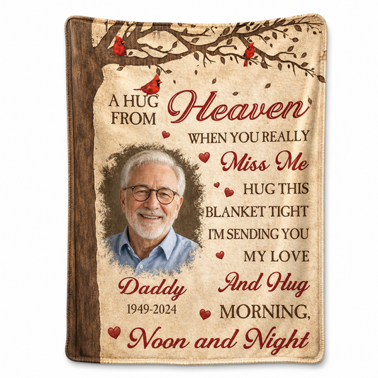 Personalized Memorial Photo Fleece Blanket - A Hug From Heaven Sympathy Gift for Loss of Dad - Image 1