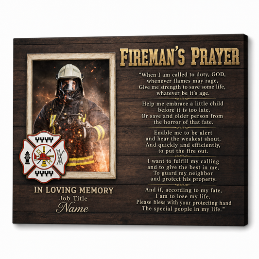 Personalized Firefighter Memorial Wall Canvas Fireman's Prayer Photo Print Tribute Gift - Image 1