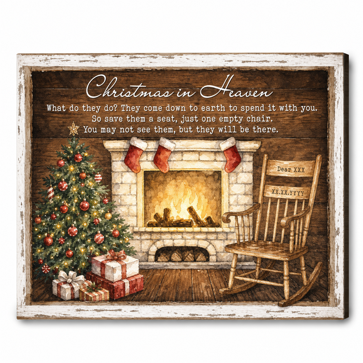 Personalized Christmas In Heaven Memorial Wall Canvas, Empty Chair Sympathy Gift With Name & Dates - Image 1