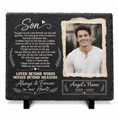 Personalized Son Memorial Garden Stone – Custom Photo Slate Plaque for Loss of Son - Image 1