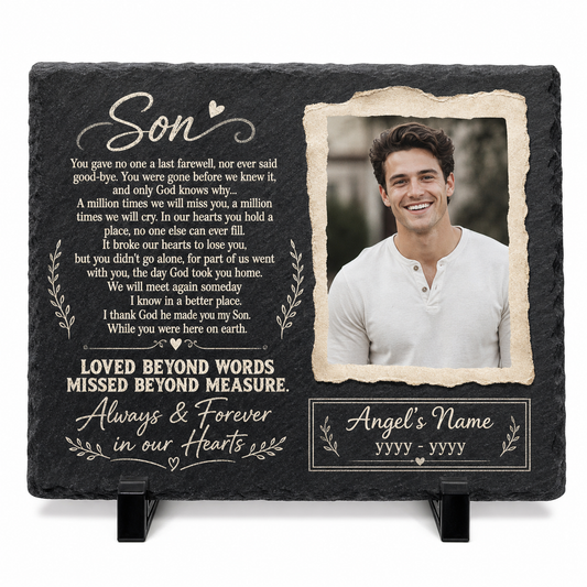 Personalized Son Memorial Garden Stone – Custom Photo Slate Plaque for Loss of Son - Image 1