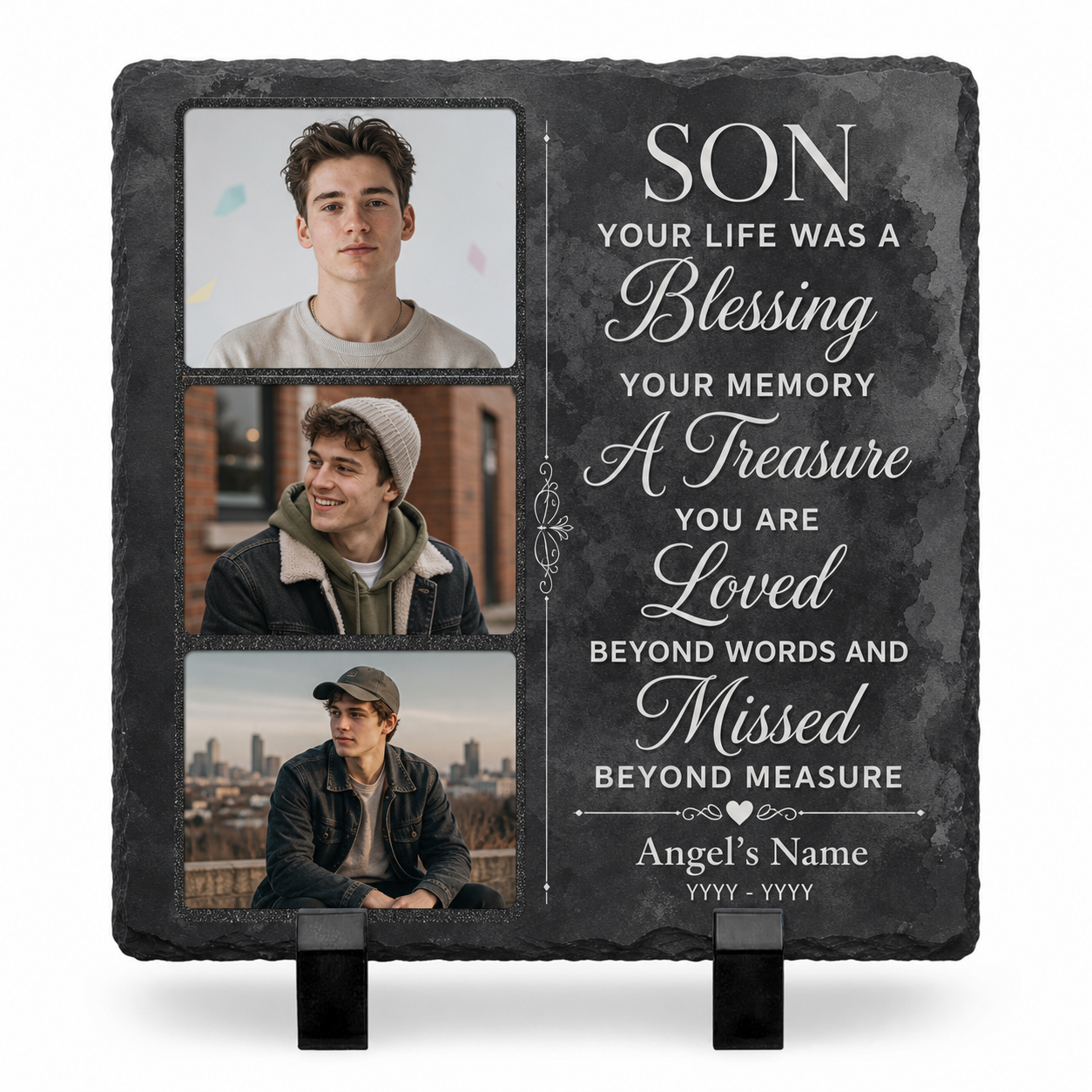 Personalized Memorial Photo Slate Stone for Loss of Son, Custom Remembrance Gift - Image 1