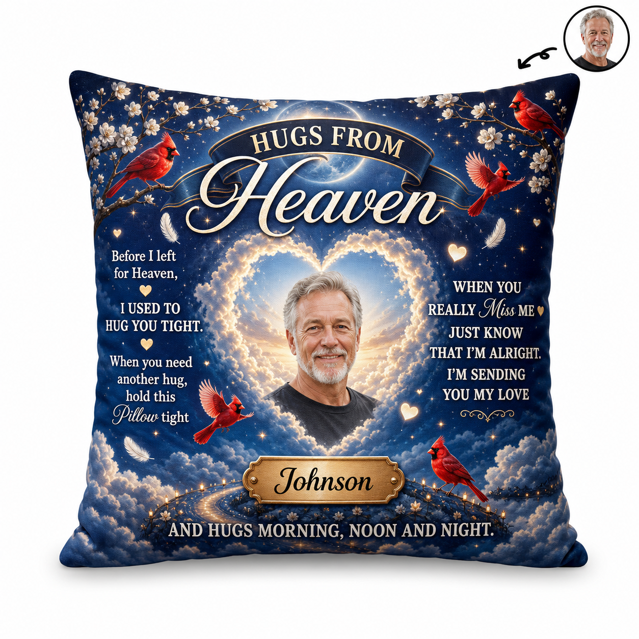 Personalized Hugs From Heaven Memorial Photo Pillow with Cardinal Birds - Sympathy Remembrance Gift - Image 1