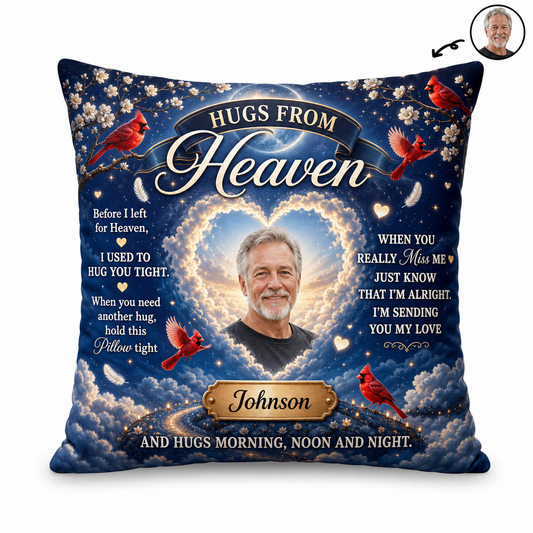 Personalized Hugs From Heaven Memorial Photo Pillow with Cardinal Birds - Sympathy Remembrance Gift - Image 1