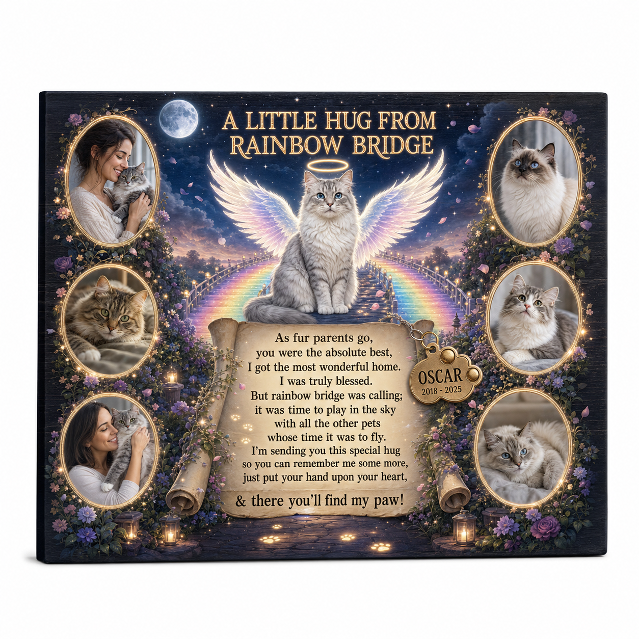 Personalized Pet Memorial Wall Canvas - Cat Loss Rainbow Bridge Photo Print Gift - Image 1