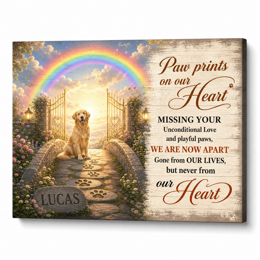 Personalized Dog Memorial Wall Canvas – Rainbow Bridge Paw Print Pet Loss Gift - Image 1