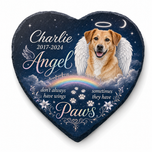 Personalized Dog Memorial Garden Stone Heart Shaped Angel Paws Photo Gift - Image 1