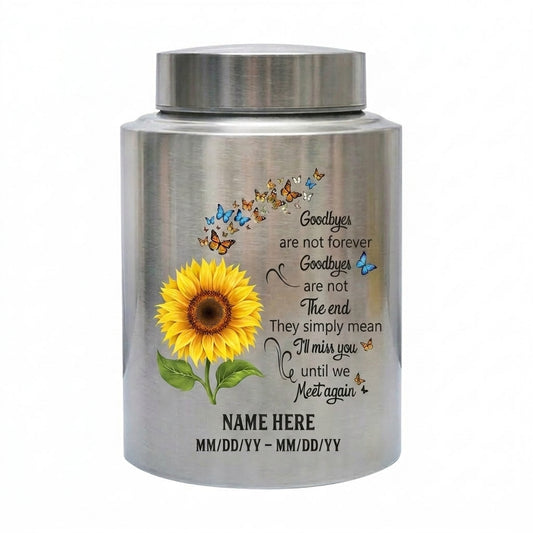 Personalized Flying Butterflies Sunflower Stainless Steel Urn for Human Ashes, Funeral Bereavement Condolence Gift Goodbyes Are Not Forever, Memorial Keepsake Urn, Memorial Gift, In Loving Memory - Image 1