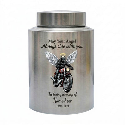 Personalized Motorcycle Riding in Heaven Stainless Steel Urn for Adult Male Dad Husband Biker Ashes, May Your Angel Always Ride With You, Memorial Keepsake Urn, Memorial Gift, In Loving Memory - Image 1 | BXGH-SMALL-SILVER-B0DJXWBSR9 BXGH-SMALL-BLACK-B0DJXWBSR9 BXGH-SMALL-RED-B0DJXWBSR9 BXGH-SMALL-GOLDEN-B0DJXWBSR9 BXGH-LARGE-SILVER-B0DJXWBSR9 BXGH-LARGE-BLACK-B0DJXWBSR9 BXGH-LARGE-RED-B0DJXWBSR9 BXGH-LARGE-GOLDEN-B0DJXWBSR9