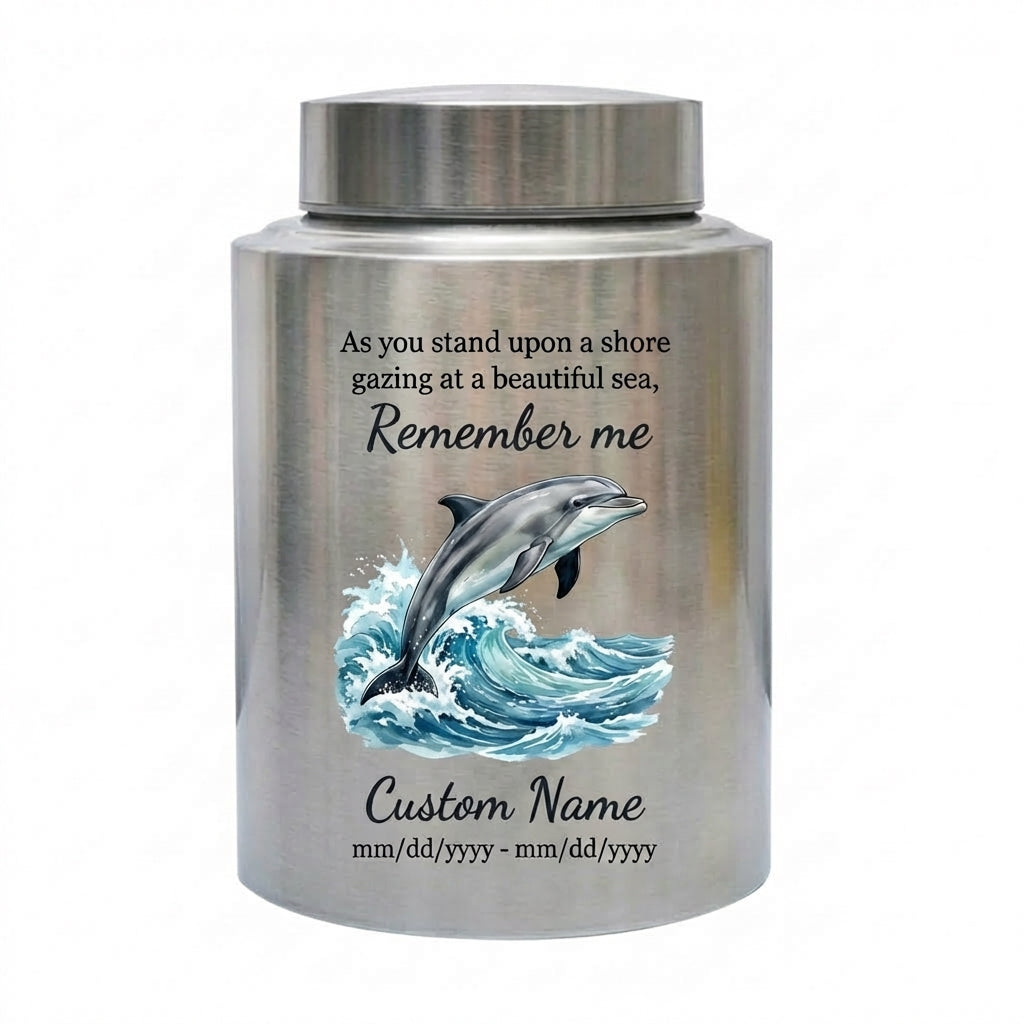 Personalized Dolphin Ocean Beach Themed UV Printed Metal Funeral Ash Container For Mom Dad Adult Male Female Large Cremation Memorial Keepsake Urn, Memorial Gift, In Loving Memory - Image 1