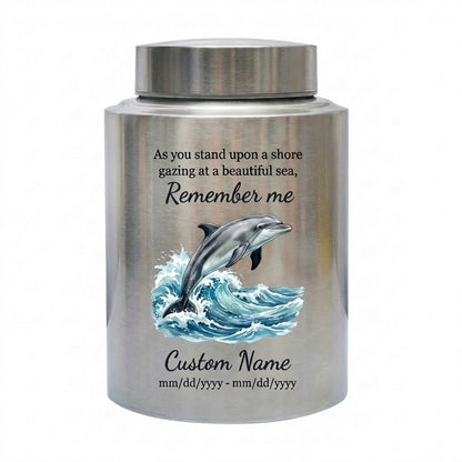 Personalized Dolphin Ocean Beach Themed UV Printed Metal Funeral Ash Container For Mom Dad Adult Male Female Large Cremation Memorial Keepsake Urn, Memorial Gift, In Loving Memory - Image 1
