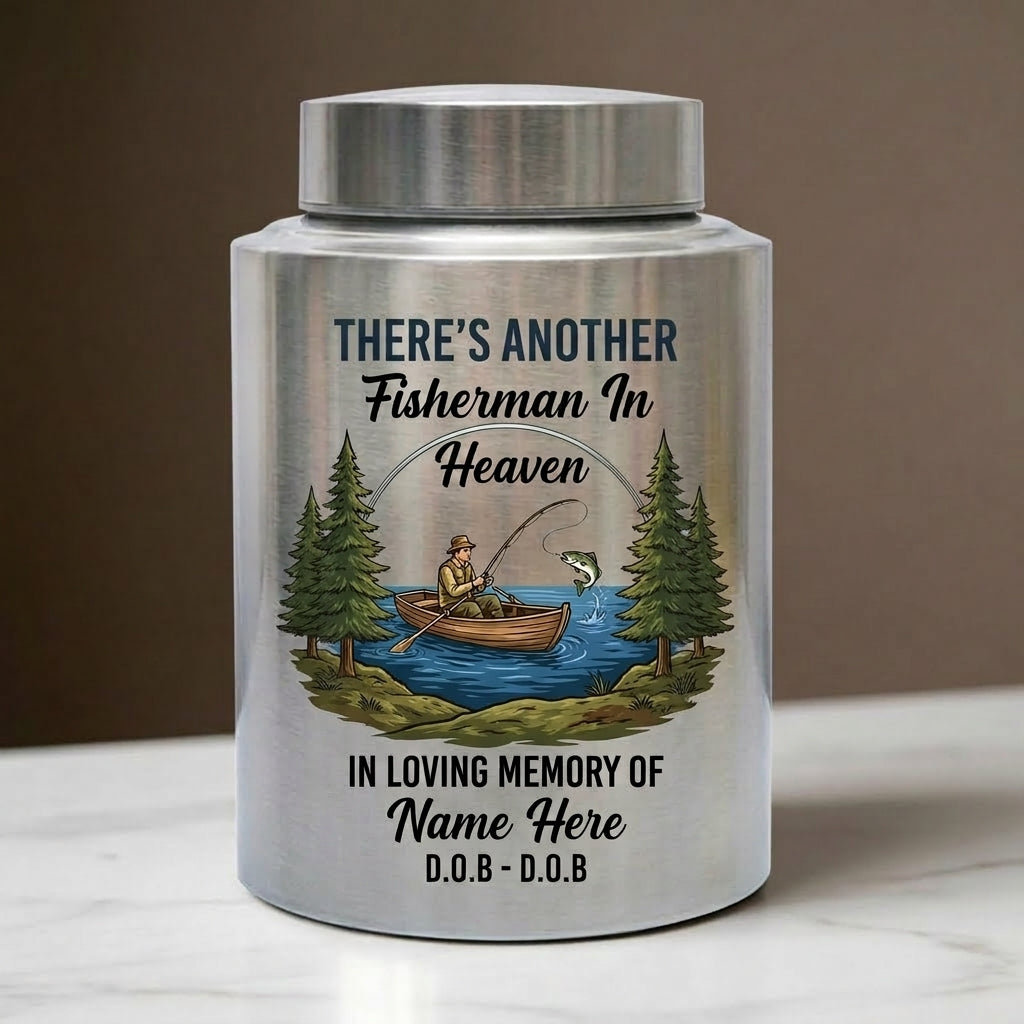 Personalized Bass Fishing Fisherman In Heaven Stainless Steel Custom Printed Urn For Dad Grandpa Husband Loss Bereavement Display 5.9in 7.5in Memorial Keepsake Urn, Memorial Gift, In Loving Memory - Image 1