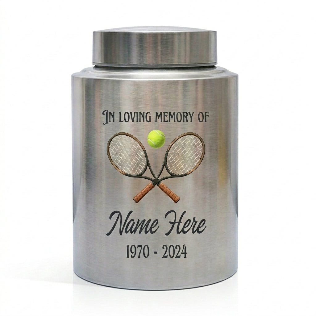 Personalized Tennis Stainless Steel Large Cremation Urn for Human Ashes Sports Fan Athlete Loss Remembrance Custom Name and Dates, Memorial Keepsake Urn, Memorial Gift, In Loving Memory - Image 1