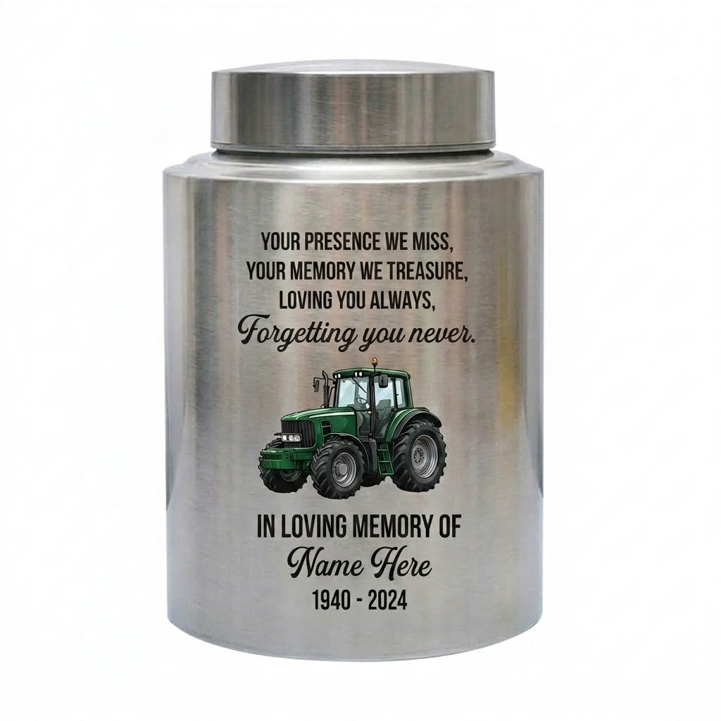 Personalized Farmer UV Printed Urn Forgetting You Never Dad Grandfather Husband Funeral Display Bereavement Tribute Ash Holder Two Sizes Memorial Keepsake Urn, Memorial Gift, In Loving Memory - Image 1