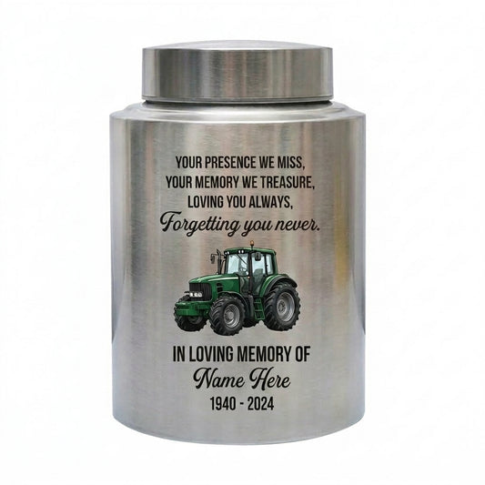 Personalized Farmer UV Printed Urn Forgetting You Never Dad Grandfather Husband Funeral Display Bereavement Tribute Ash Holder Two Sizes Memorial Keepsake Urn, Memorial Gift, In Loving Memory - Image 1