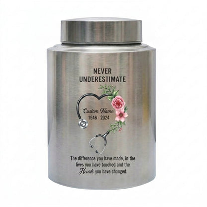 Personalized Nurse Medical Worker Stainless Steel Urn for Human Ashes Never Underestimate Difference Made Quote Appreciation Sympathy Tribute Memorial Keepsake Urn, Memorial Gift, In Loving Memory - Image 1
