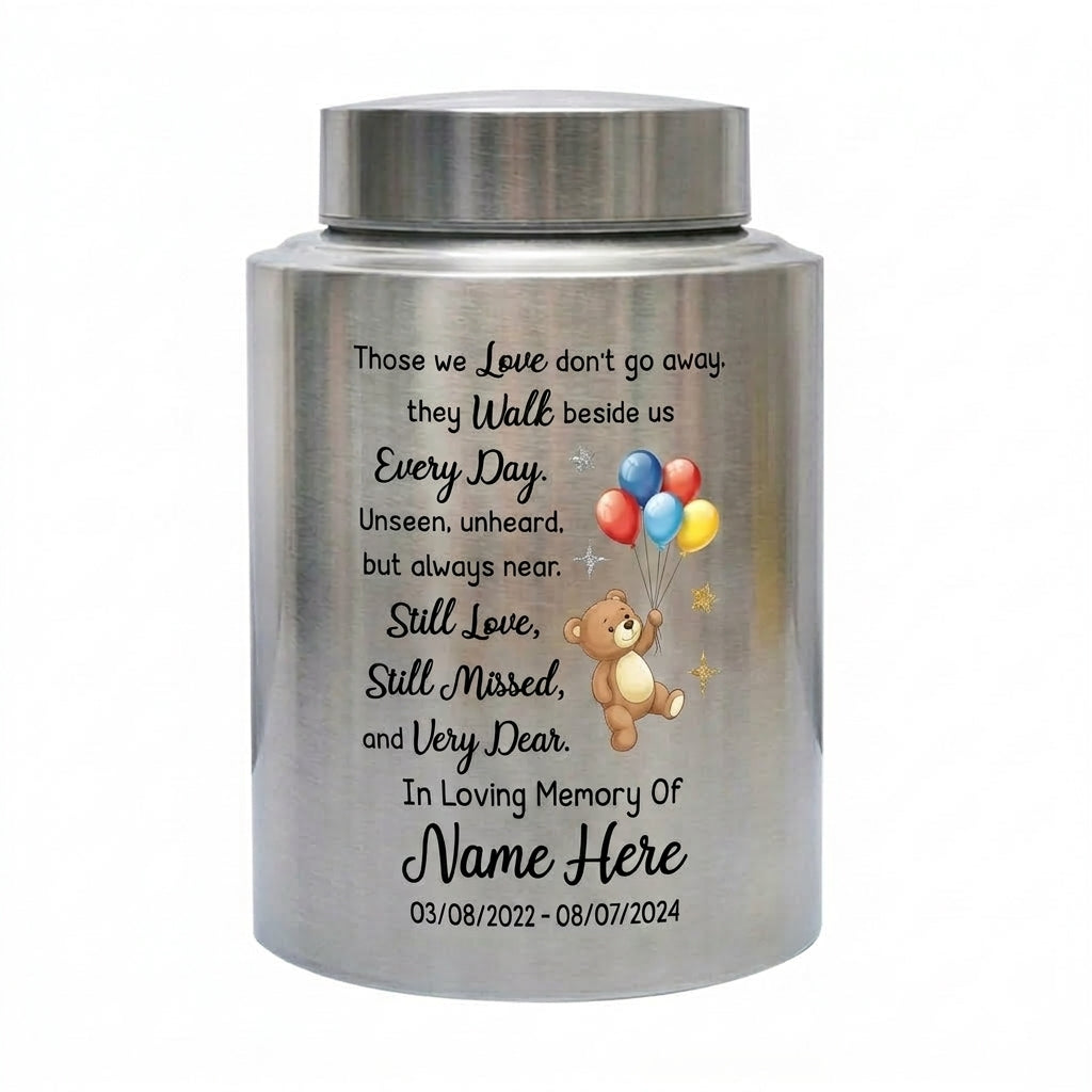 Personalized Angel Wings Heaven Bear Baby Loss Infant Stainless Steel Large Display Cremation Ashes Container For Child Boy Girl Bereavement Memorial Keepsake Urn, Memorial Gift, In Loving Memory - Image 1