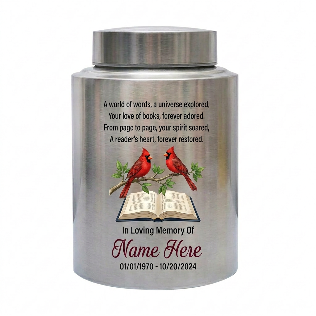 Personalized Book Lover Reading in Heaven Stainless Steel Urn, Adult Female Ashes Bereavement, 2 Sizes Silver Black Gold Red, Memorial Keepsake Urn, Memorial Gift, In Loving Memory - Image 1