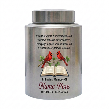 Personalized Book Lover Reading in Heaven Stainless Steel Urn, Adult Female Ashes Bereavement, 2 Sizes Silver Black Gold Red, Memorial Keepsake Urn, Memorial Gift, In Loving Memory - Image 1