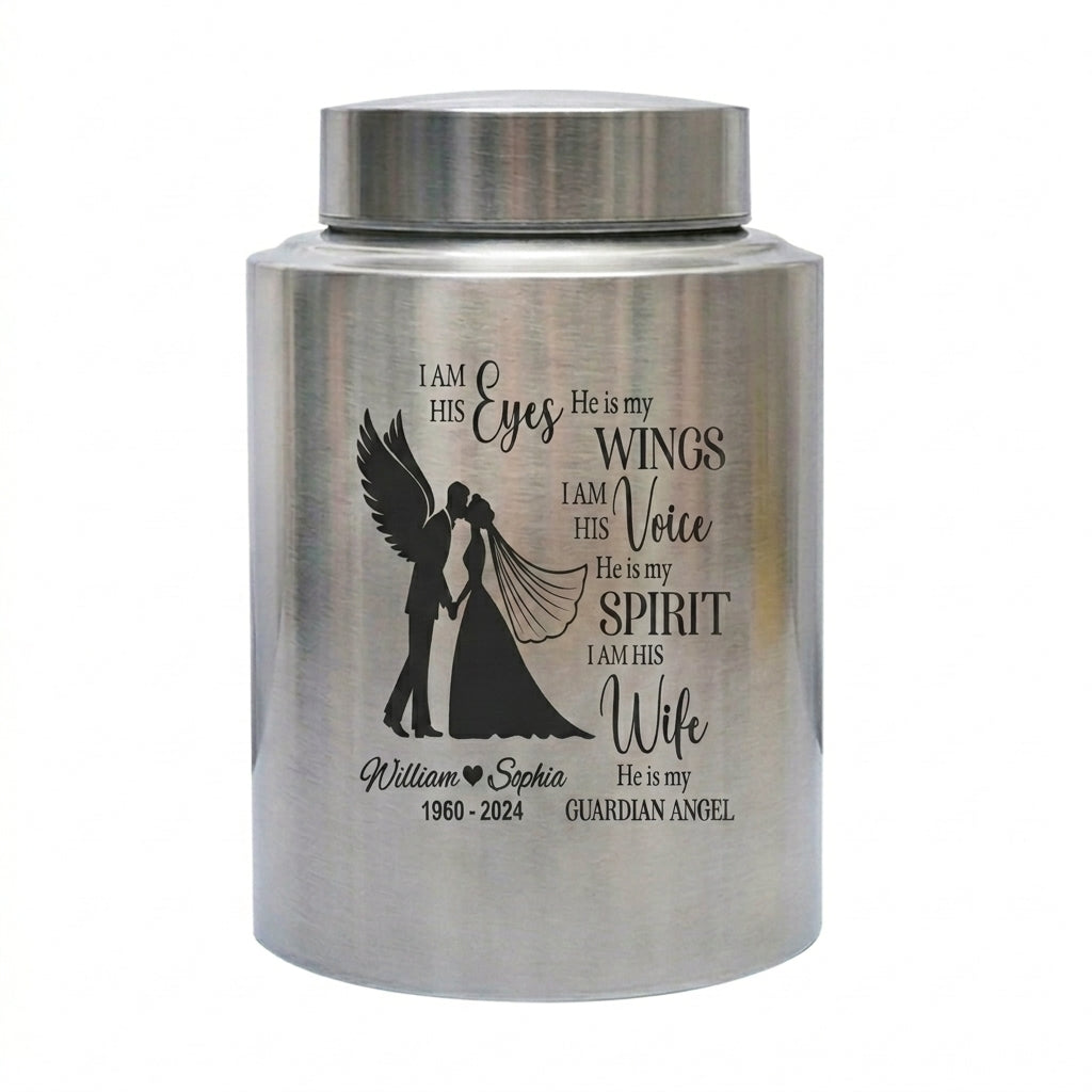 Personalized Couple in Heaven Stainless Steel Cremation Urn Loss of Husband Guardian Angel Keepsake for Widow Large or Small Ash Holder Memorial Keepsake Urn, Memorial Gift, In Loving Memory - Image 1