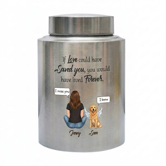 Personalized Woman and Dog Angel Silhouette Stainless Steel Pet Loss Urns for Ashes If Love Could Have Saved You Forever Quote Custom Names Memorial Keepsake Urn, Memorial Gift, In Loving Memory - Image 1