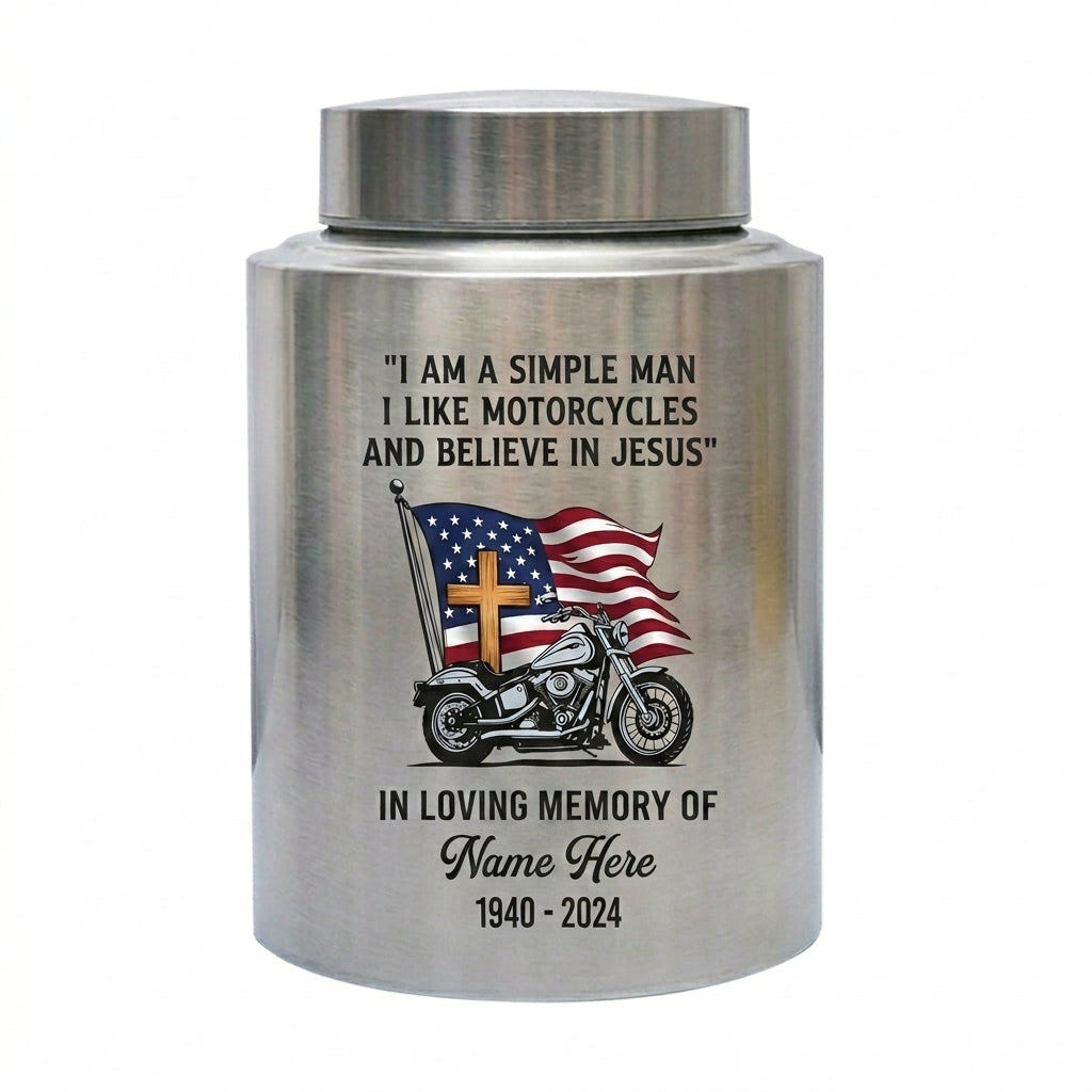 Personalized Motorcycle Riding in Heaven Large Stainless Steel UV Print For Dad Adult Male Biker Christian Cremation Ash Holder Memorial Keepsake Urn, Memorial Gift, In Loving Memory - Image 1