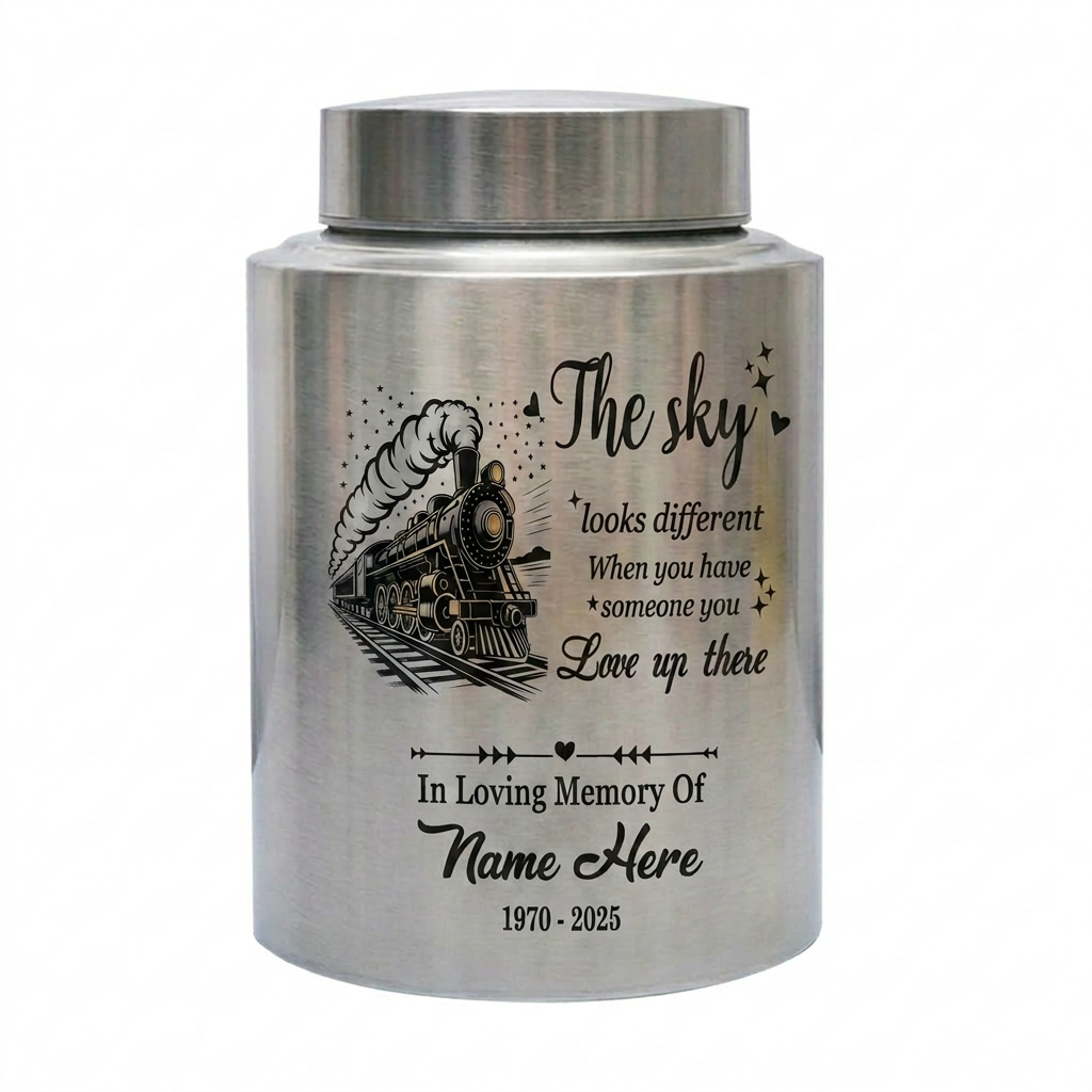 Personalized Train Driver Stainless Steel Urn The Sky Looks Different Poem For Railroad Engineer Grandfather Father Custom Name Metal Memorial Keepsake Urn, Memorial Gift, In Loving Memory - Image 1