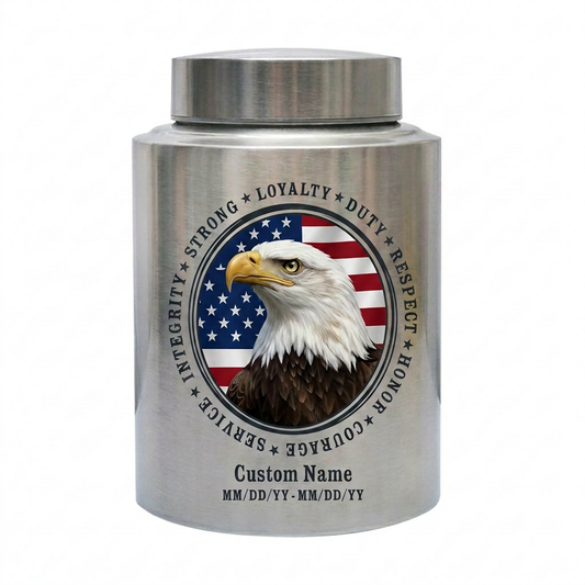 Personalized Patriotic Bald Eagle American Flag Stainless Steel Cremation Urn for Veteran Dad Men, Military Values Design Two Sizes Memorial Keepsake Urn, Memorial Gift, In Loving Memory - Image 1