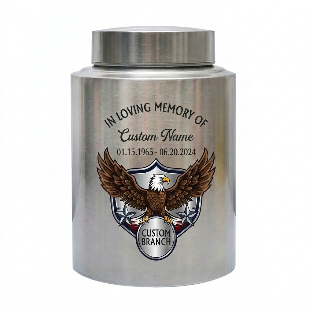 Personalized US Army Veteran Military Branch Stainless Steel Urn, Custom Soldier Tribute for Father Grandpa, 7.5x5.1 or 5.9x3.9, Memorial Keepsake Urn, Memorial Gift, In Loving Memory - Image 1